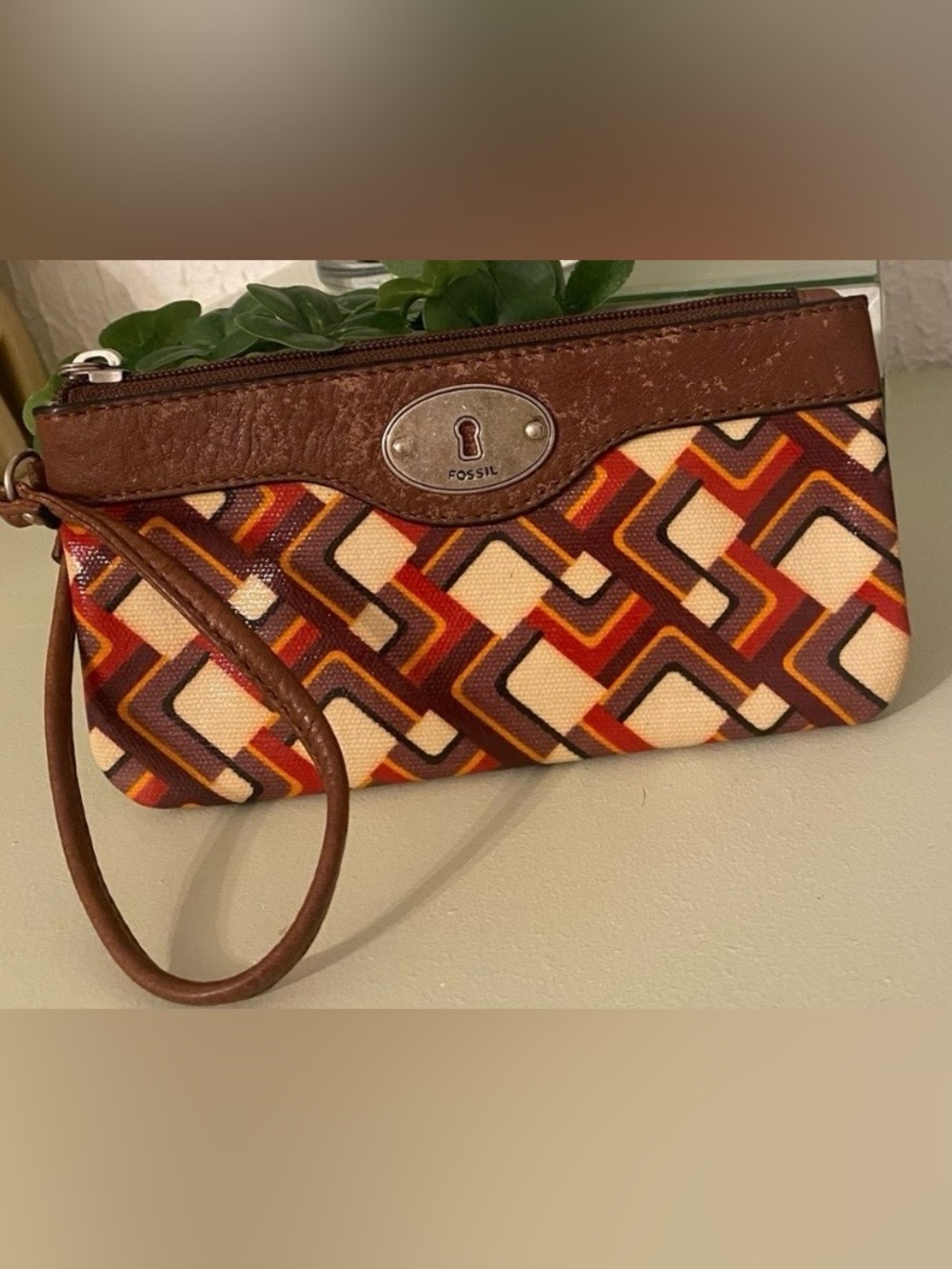 Fossil Women's Brown and Red Patterned Wristlet